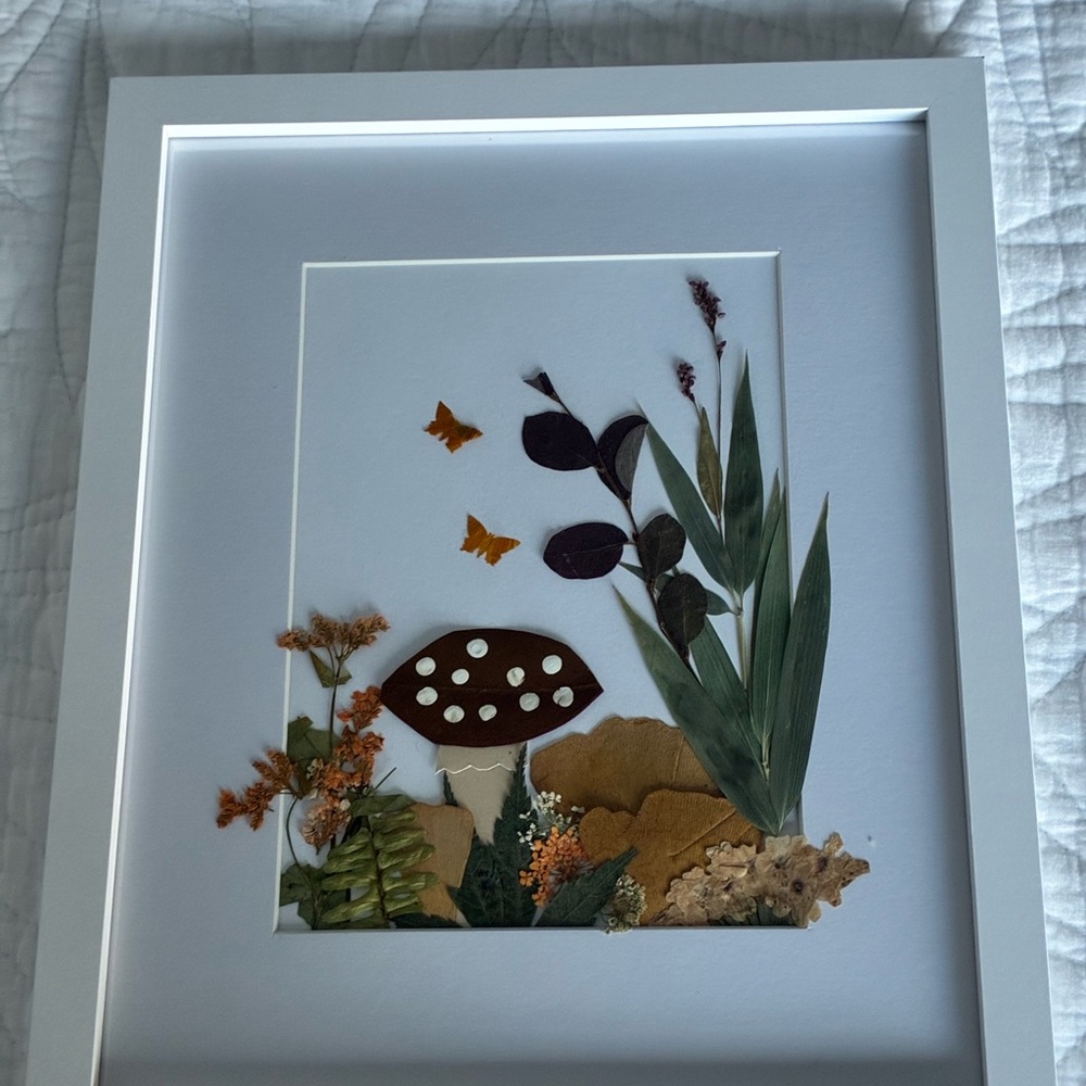 Framed Botanical Art with Mushroom and Butterflies